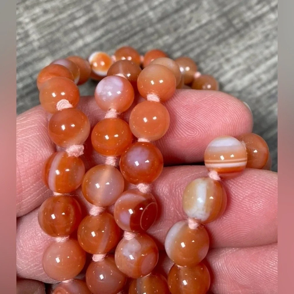 Coral Orange Stone Necklace Banded Agate Round Bead Hand Tied 30” Vintage